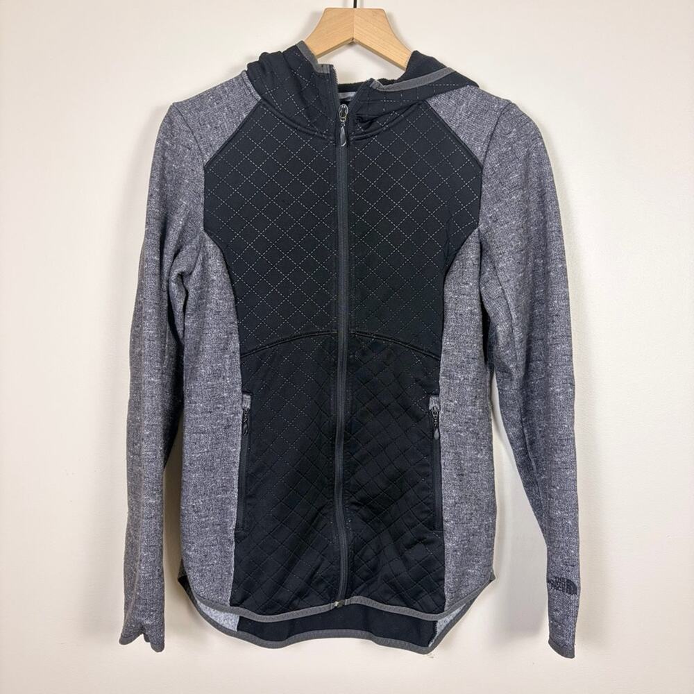 The North Face Women’s Medium Quilted Full Zip Hoodie Jacket Gray Black Fleece